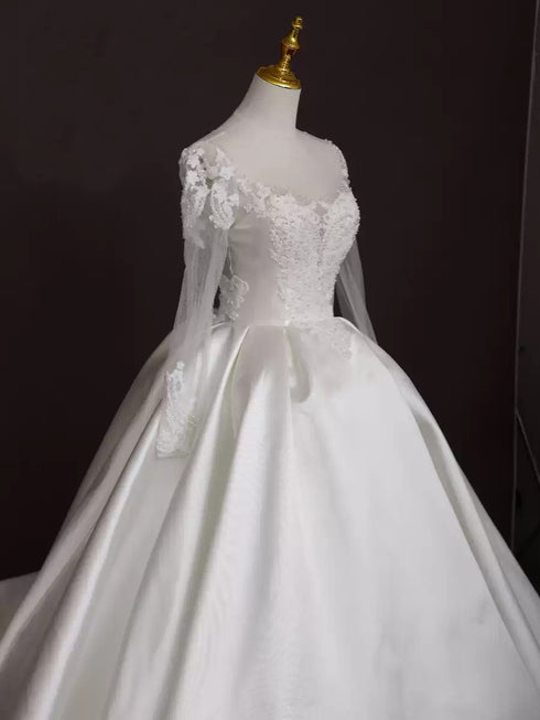 Lace Wedding Dress with Long Sleeves – Satin Wedding Dresses Long Sleeve with Sheer Illusion Bodice – Corset Wedding Dress Plus Size